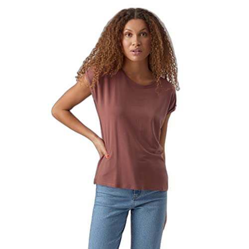 VERO MODA Damen Einfarbiges Stretch T-Shirt Basic Rundhals Top Oberteil Tief Angesetzte Schultern VMAVA, Farben:Braun-3, Größe:XXL von VERO MODA