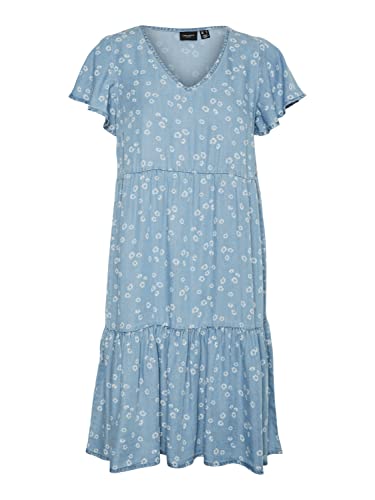 Vero Moda Women's VMHARPER SS Layer Short Dress Kleid, Light Blue Denim/Print:AOP, M von VERO MODA