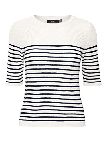 Vero Moda Women's VMNEWLEXSUN 2/4 Tight O-Neck BLOU GA REP Pullover, Snow White/Detail:W Navy Blazer Stripes, S von VERO MODA