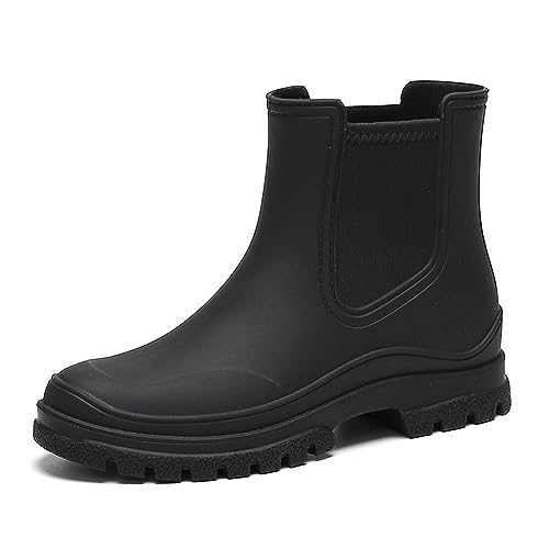 VERROL Damen Gummistiefel Chelsea Boots Mädchen Stiefelette Kurzs Slip On Regenstiefel Wellies Wasserdicht Gartenstiefel Schwarz 36-41 EU von VERROL