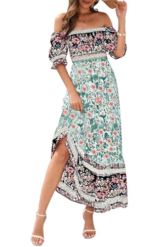 VEVESMUNDO Damen Sommerkleider Strandkleid Sommer Kurzarm Boho Strand Urlaub Kleid Off Shoulder Kleider Maxikleid mit Blumendruck Gr.36 38 40 42 44(Hellgrün,M) von VEVESMUNDO