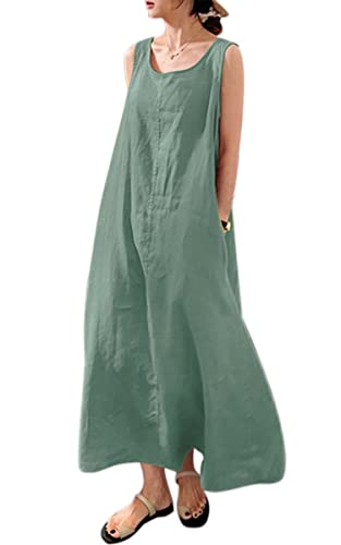 VEVESMUNDO Sommerkleid Damen Baumwolle Ärmelloses Casual Lockere Lässige Lang Kleider Strandkleid Leinenkleid Blusenkleid Freizeitkleid mit Taschen Gr 34 36 38 40 42 44 46 48 50 52(Grün,4XL) von VEVESMUNDO