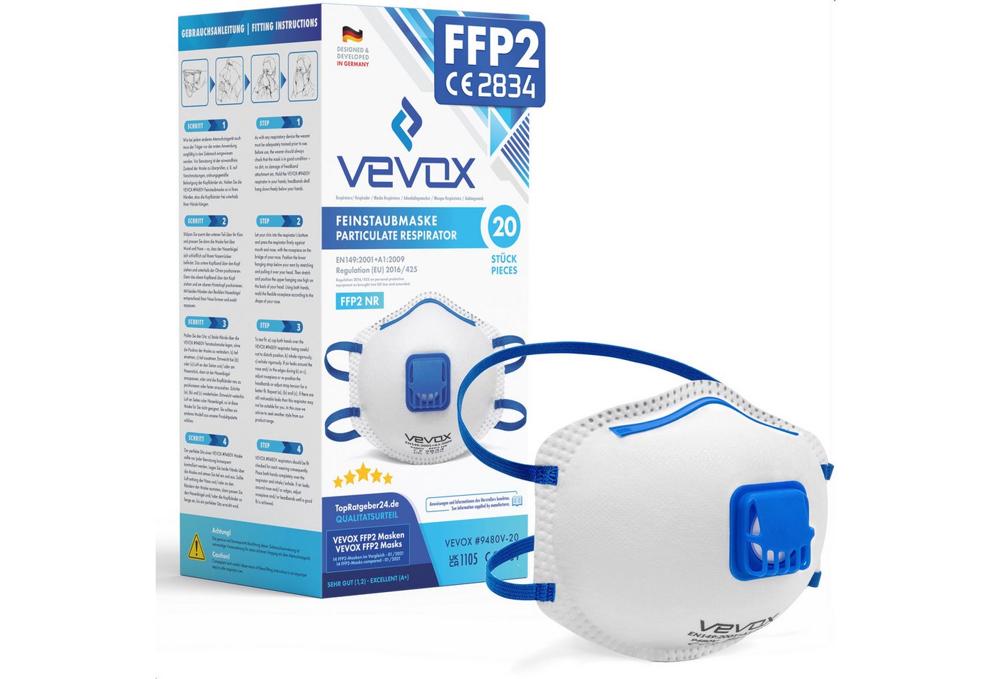 VEVOX Filtrierende Halbmasken FFP2 mit Ventil – 5er, 10er oder 20er Set – Staubmaske – Atemschutzmaske, – Staubschutzmaske – Feinstaubmaske – Atemschutz, 20-St., z.B. gegen Feinstaub, Schleifstaub oder Baustaub VEVOX Filtrierende Halbmasken FFP2 mit Ventil – 5er, 10er oder 20er Set – Staubmaske – Atemschutzmaske, – Staubschutzmaske – Feinstaubmaske – Atemschutz, 20-St., z.B. gegen Feinstaub, Schleifstaub oder Baustaub von VEVOX