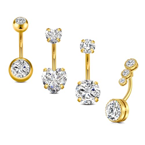 VF VFUN 4Pcs 14G Bauchnabelpiercing Edelstahl Bauchnabelpiercing Belly Bars Gold Bauchnabel Ringe Set CZ Nabel Bars Bauch Piercing Schmuck für Frauen Mädchen von VF VFUN