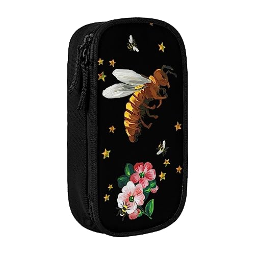 VGFJHNDF Federmäppchen mit Bienen- und Goldstern-Motiv, für Büro, Uni, Schule, Erwachsene, Teenager, Mädchen, Jungen, Schwarz, Schwarz , Einheitsgröße, Make-up-Tasche von VGFJHNDF