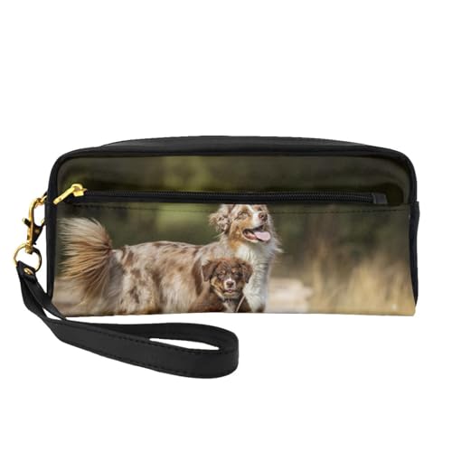 Australische Schäferhunde Aussie Brown Dogs, Make-up-Tasche, Kosmetiktasche, tragbare Reise-Kulturtasche, Leder-Federmäppchen für Frauen und Mädchen von VHPNWJOB