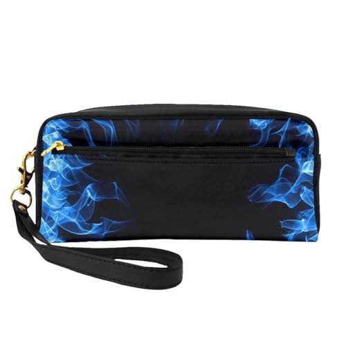 Blaue Flamme umkreist, Make-up-Tasche, Kosmetiktasche, tragbare Reise-Kulturtasche, Leder-Federmäppchen für Frauen und Mädchen von VHPNWJOB