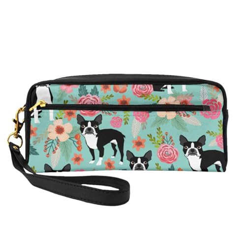 Boston Terrier mit Blumen, Make-up-Tasche, Kosmetiktasche, tragbare Reise-Kulturtasche, Leder-Federmäppchen für Frauen und Mädchen von VHPNWJOB