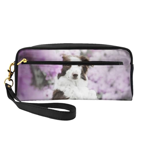 Brown-Border-Collie-Frühlingshunde mit Blumen, Make-up-Tasche, Kosmetiktasche, tragbare Reise-Kulturtasche, Leder-Federmäppchen für Frauen und Mädchen von VHPNWJOB