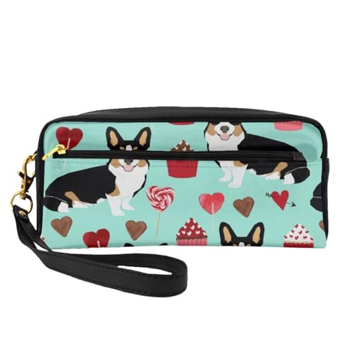 Corgi Tri Colored Dogs Hund, Make-up-Tasche, Kosmetiktasche, tragbare Reise-Kulturtasche, Leder-Federmäppchen für Frauen und Mädchen von VHPNWJOB