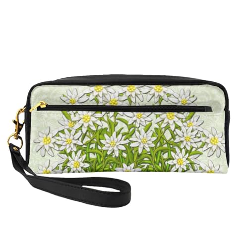 Edelweiß Schweizer Bergblumen, Make-up-Tasche, Kosmetiktasche, tragbare Reise-Kulturtasche, Leder-Federmäppchen für Frauen und Mädchen von VHPNWJOB