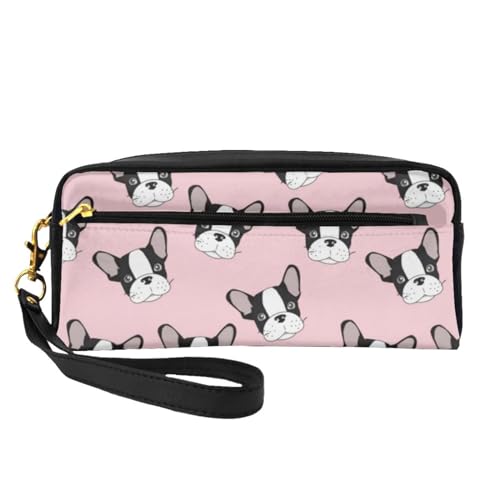 Französische Bulldogge, Welpe, Hund, Rosa, Make-up-Tasche, Kosmetiktasche, tragbare Reise-Kulturtasche, Leder-Federmäppchen für Frauen und Mädchen von VHPNWJOB