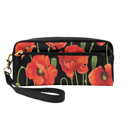 Frühlingsrote Blumen gedruckt, Make-up-Tasche, Kosmetiktasche, tragbare Reise-Kulturtasche, Leder-Federmäppchen für Frauen und Mädchen von VHPNWJOB