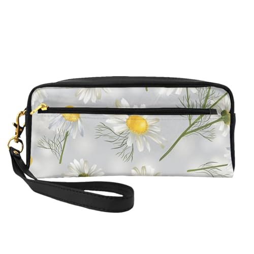 Kamillenblüten, Make-up-Tasche, Kosmetiktasche, tragbare Reise-Kulturtasche, Leder-Federmäppchen für Frauen und Mädchen von VHPNWJOB