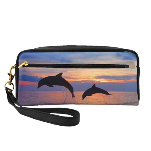 Niedlicher Delfin-Aufdruck, Make-up-Tasche, Kosmetiktasche, tragbare Reise-Kulturtasche, Leder-Federmäppchen für Frauen und Mädchen von VHPNWJOB