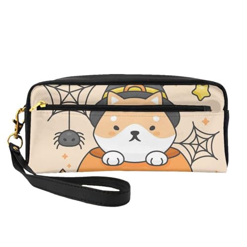 Niedlicher Shiba-Inu-Hund in einem Kürbis mit Kerze und Spinne, Make-up-Tasche, Kosmetiktasche, tragbare Reise-Kulturtasche, Leder-Federmäppchen für Frauen und Mädchen von VHPNWJOB