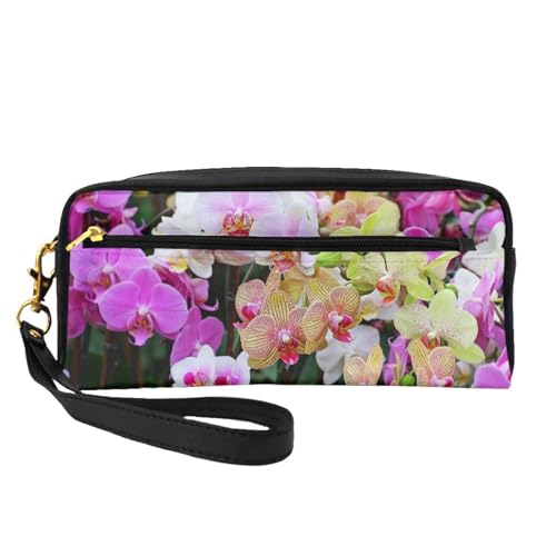 Orchideen-Druck, Make-up-Tasche, Kosmetiktasche, tragbare Reise-Kulturtasche, Leder-Federmäppchen für Frauen und Mädchen von VHPNWJOB