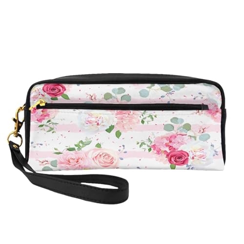 Rosa Rosenblüten, Make-up-Tasche, Kosmetiktasche, tragbare Reise-Kulturtasche, Leder-Federmäppchen für Frauen und Mädchen von VHPNWJOB