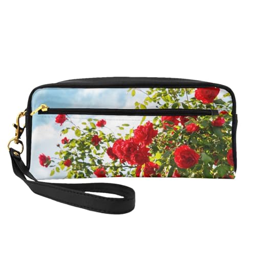 Roter Rosenbusch Bedruckt, Make-up-Tasche, Kosmetiktasche, tragbare Reise-Kulturtasche, Leder-Federmäppchen für Frauen und Mädchen von VHPNWJOB