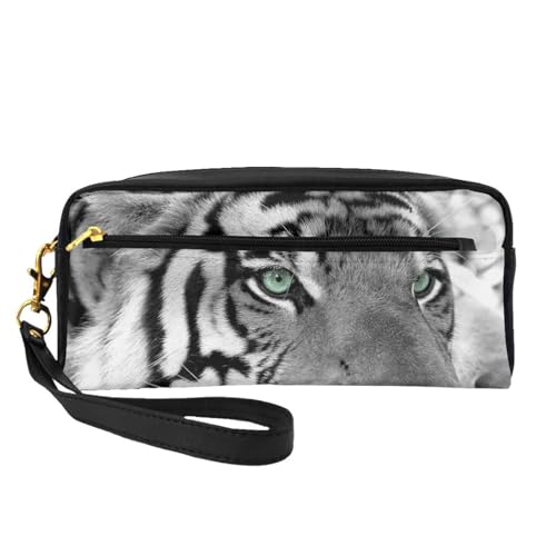 Schwarz-weißer Tigerdruck, Make-up-Tasche, Kosmetiktasche, tragbare Reise-Kulturtasche, Leder-Federmäppchen für Frauen und Mädchen von VHPNWJOB