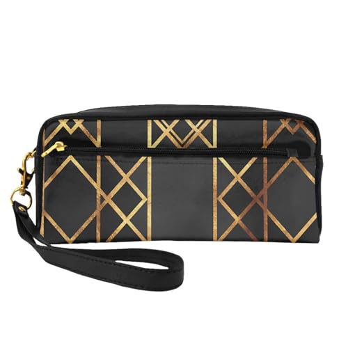 Schwarzgold geometrisch, Make-up-Tasche, Kosmetiktasche, tragbare Reise-Kulturtasche, Leder-Federmäppchen für Frauen und Mädchen von VHPNWJOB