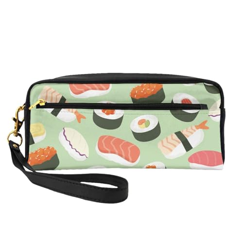 Sushi auf Grün Bedruckt, Make-up-Tasche, Kosmetiktasche, tragbare Reise-Kulturtasche, Leder-Federmäppchen für Frauen und Mädchen von VHPNWJOB