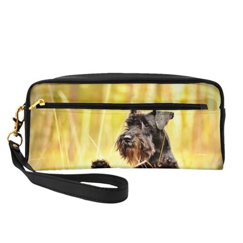 Zwergschnauzer-Waldhaustiere Schwarze Hunde, Make-up-Tasche, Kosmetiktasche, tragbare Reise-Kulturtasche, Leder-Federmäppchen für Frauen und Mädchen von VHPNWJOB