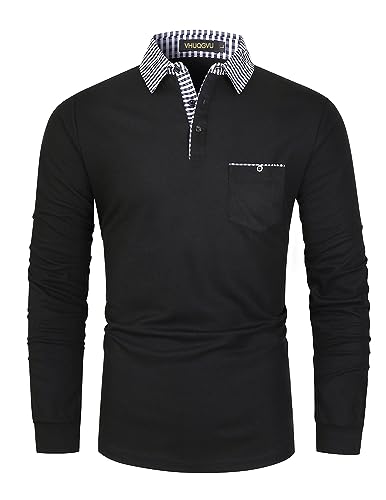 VHUQGVU Herren Langarm Poloshirt Classic Plaid Patchwork 100% Baumwolle Slim Fit Premium Shirt mit Funktionstasche,Schwarz,XL von VHUQGVU