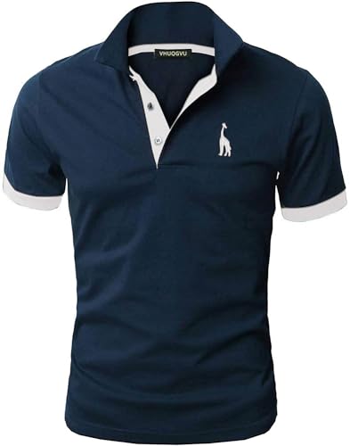 VHUQGVU Herren Poloshirt Baumwolle Kurzarm Giraffe Stickerei Polohemd Regular Slim Fit Modelle Golf Sport T-Shirt,Navy+Weiß,XL von VHUQGVU