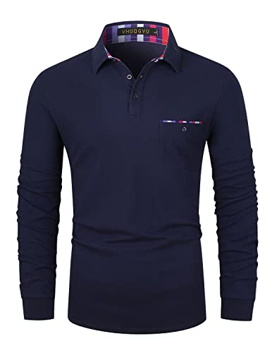 VHUQGVU Herren Poloshirt Langarm Golf T-Shirt Kontrast Tasche Polohemd M-3XL,Blau,L von VHUQGVU