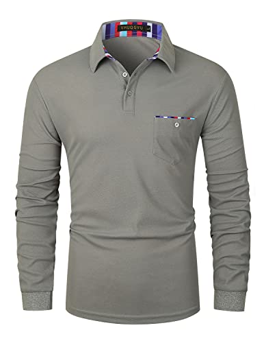 VHUQGVU Herren Poloshirt Langarm Golf T-Shirt Kontrast Tasche Polohemd M-3XL,Grau,M von VHUQGVU