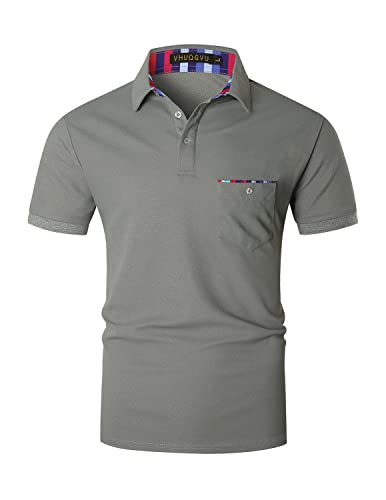 VHUQGVU Poloshirt Herren Kurzarm Basic Golf Polo Sommer Kontrast Tasche Polohemd,Grau,L von VHUQGVU