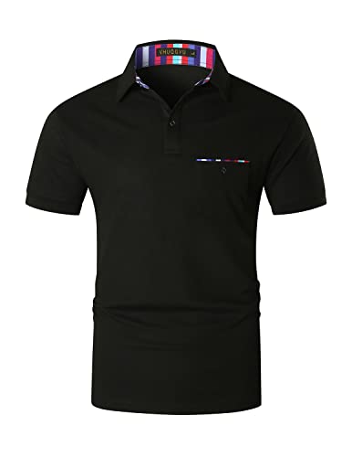 VHUQGVU Poloshirt Herren Kurzarm Basic Golf Polo Sommer Kontrast Tasche Polohemd,Schwarz,M von VHUQGVU