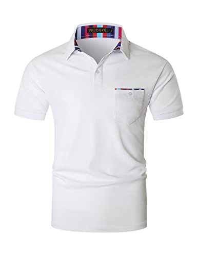 VHUQGVU Poloshirt Herren Kurzarm Basic Golf Polo Sommer Kontrast Tasche Polohemd,Weiß,3XL von VHUQGVU