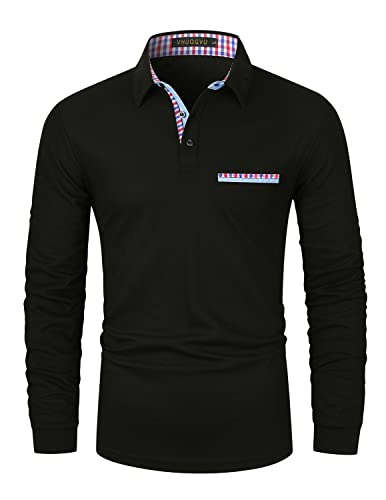 VHUQGVU Poloshirt Herren Langarm Basic Golf Tennis T-Shirt Klassisches Karo Polohemd M-3XL,Schwarz,3XL von VHUQGVU