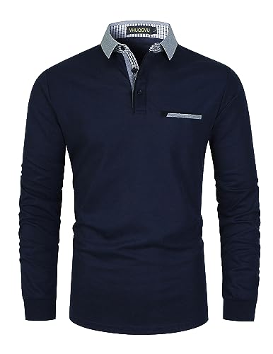 VHUQGVU Poloshirt Herren Langarm Baumwolle Basic Klassische Kontrastfarbe Streifen Stitching Casual Männer Hemd Golf Sport T-Shirt,Blau,XL von VHUQGVU