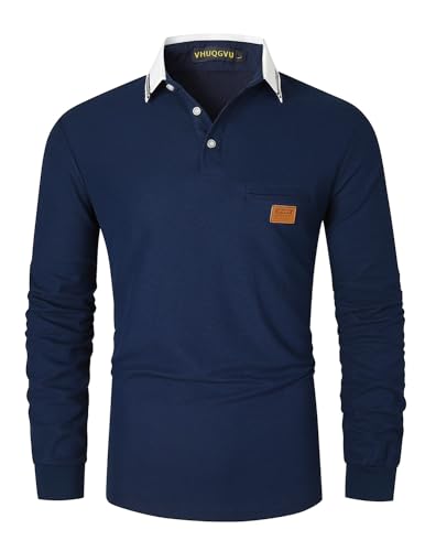 VHUQGVU Poloshirt Herren Langarm Baumwolle Basic Klassische Kontrastfarbe Streifen Stitching Casual Männer Hemd Golf Sport T-Shirt,Blau 40,L von VHUQGVU