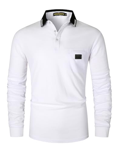 VHUQGVU Poloshirt Herren Langarm Baumwolle Basic Klassische Kontrastfarbe Streifen Stitching Casual Männer Hemd Golf Sport T-Shirt,Weiß 40,XXL von VHUQGVU