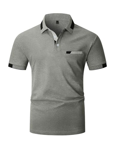 VHUQGVU Poloshirt Herren T Shirts Männer Kurzarm Baumwolle Hemd Klassisch Plaid Polos Kontrastfarbe Ausschnitt T-Shirt Sommer,Grau Y42,L von VHUQGVU