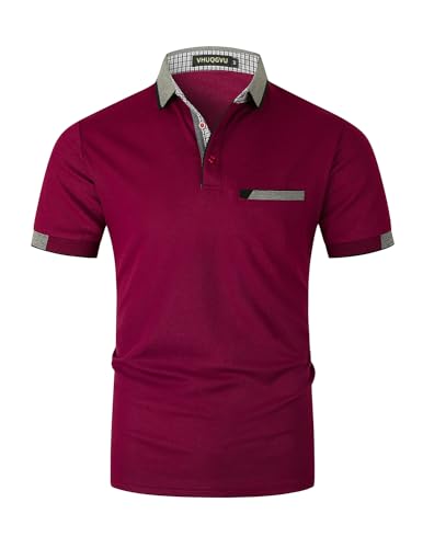 VHUQGVU Poloshirt Herren T Shirts Männer Kurzarm Baumwolle Hemd Klassisch Plaid Polos Kontrastfarbe Ausschnitt T-Shirt Sommer,Rot Y24,L von VHUQGVU