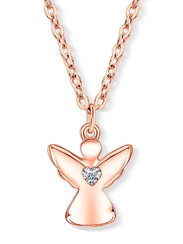 VIASOUL® Halskette Schutzengel mit Herz I Engel-Anhänger-Kette für Mädchen I Kinder-Schmuck I Mit 585er Gold überzogen & Zirkonia-Edelstein (Rose) von VIASOUL