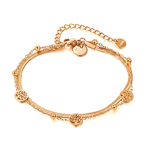 VICKWOOD Lebensbaum Armband aus Edelstahl Kette 22 cm Lang 18K Vergoldung Wasserfest in Gold/Rose Gold/Silber Geschenk für Frauen (A.Band_R.Gold) von VICKWOOD