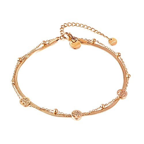 VICKWOOD Damen Fußkettchen Lebensbaum Armband aus Edelstahl Kette bis 30cm Lang 18K Vergoldung Wasserfest in Gold/Rose Gold/Silber Geschenk für Frauen (F.Ketten_R.Gold) von VICKWOOD