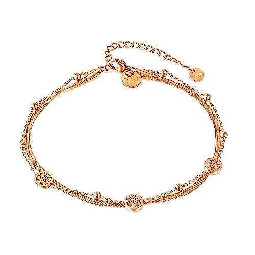 VICKWOOD Damen Fußkettchen Lebensbaum Armband aus Edelstahl Kette bis 30cm Lang 18K Vergoldung Wasserfest in Gold/Rose Gold/Silber Geschenk für Frauen (F.Ketten_R.Gold/30cm) von VICKWOOD