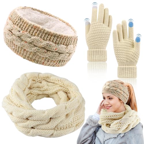 Schal, Stirnband & Handschuh-Sets für Damen, Loop Schal Damen,Warme Verdicken Stirnband Mädchen Winter,Touchscreen Handschuhe Damen Winterschal Kombi Ohrenwärmer Set Damen Geschenk Winterzubehör von VICTERR