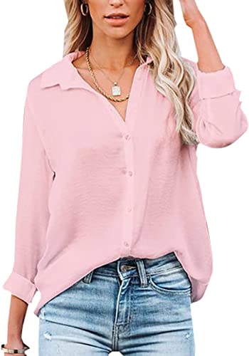 Damen Bluse Elegant V-Ausschnitt Hemd Langarm Arbeit Oberteile Casual Tunika Shirt Lose Langarmshirt Tops (Rosa-1,XL) von VIGVAN