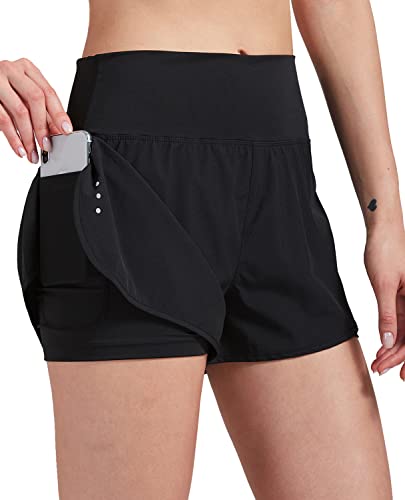 VIGVAN 2 in 1 Laufhose Damen Sport Shorts Sommer Kurze Hose Schnell Trocknend Fitness Shorts Yoga Shorts Gym Jogging Training Sporthose für Damen mit Taschen (BK, L) von VIGVAN