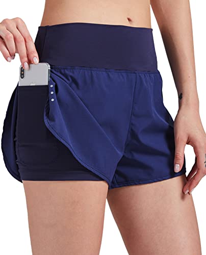 VIGVAN 2 in 1 Laufhose Damen Sport Shorts Sommer Kurze Hose Schnell Trocknend Fitness Shorts Yoga Shorts Gym Jogging Training Sporthose für Damen mit Taschen (NV, XS) von VIGVAN