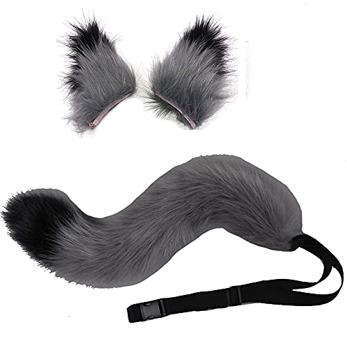 VIGVAN Fox Wolf Cosplay Tierohren Schwanz Set Wolf Ohren Schwanz Kostüm (Grau Schwarz) von VIGVAN