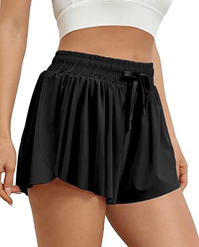 VIGVAN Shorts Damen Sommer Sport Shorts Kurze Hose 2 in 1 Flowy Running Shorts Yoga Biker Shorts Schnelltrocknende Gym Fitness Shorts Sportrock Damen (Schwarz, M-1) von VIGVAN